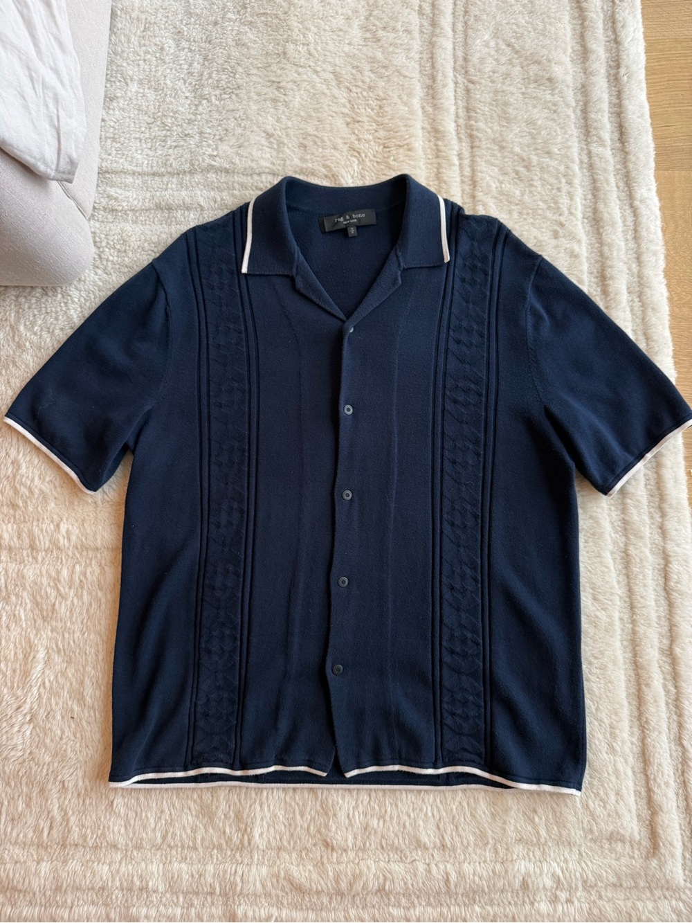 rag & bone Navy Short-Sleeve Knit Polo with White Trim
